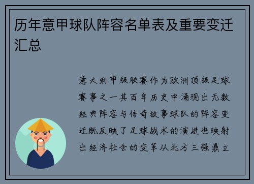 历年意甲球队阵容名单表及重要变迁汇总